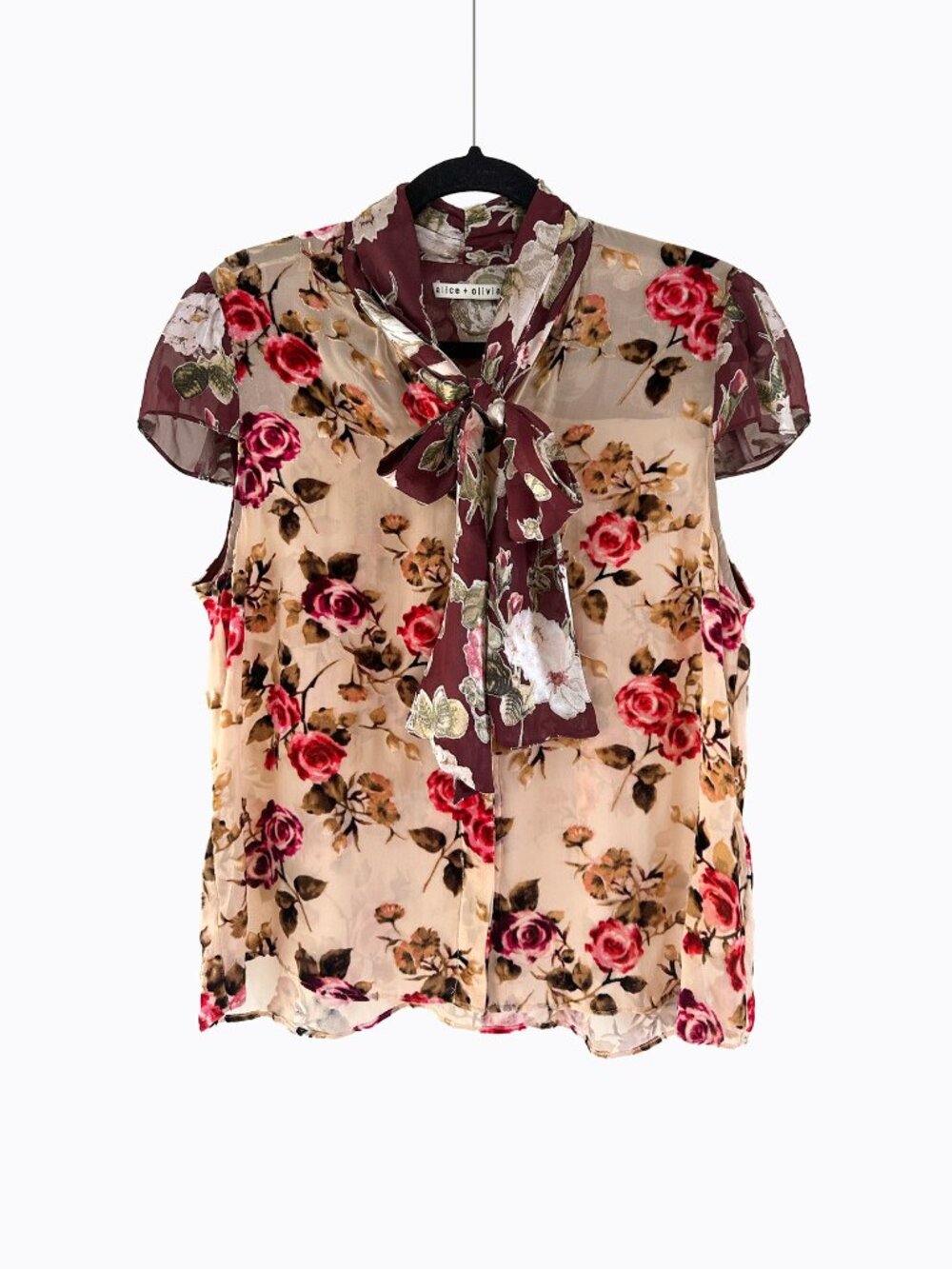 Alice + Olivia Jeannie Silk Velvet Burnout Floral Blouse S Scarf Tie Boho Chic